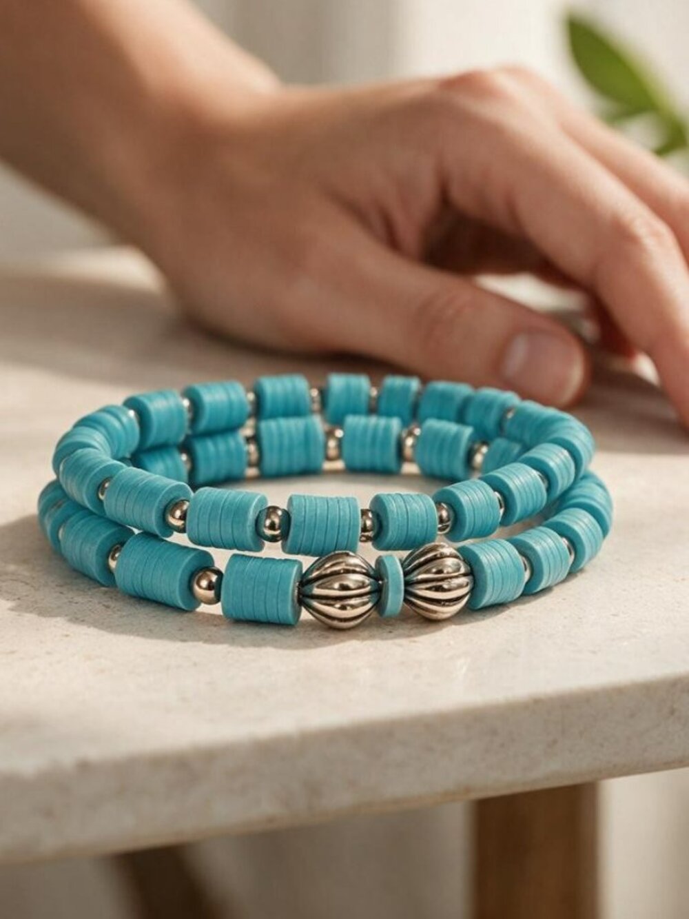 Set of 2 Turquoise/Blue and Silver Beaded Bracelets - New